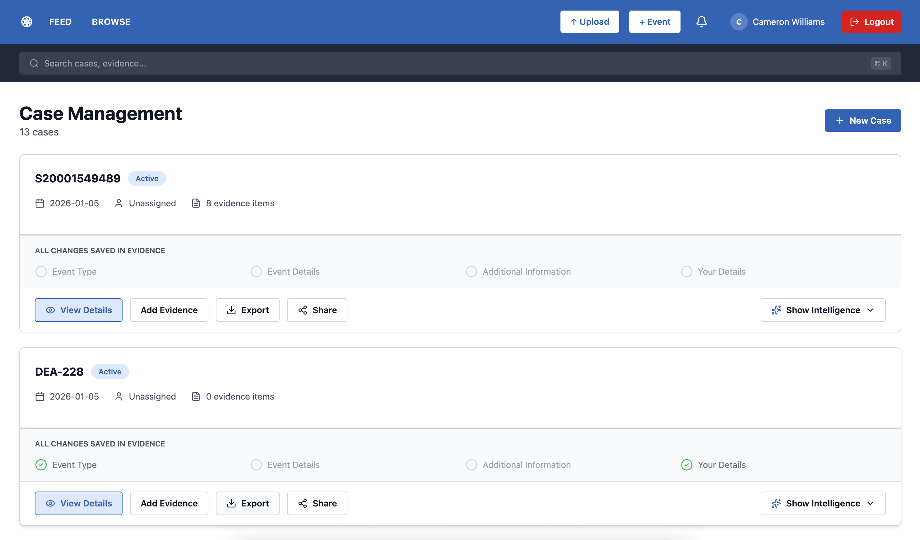 Case Management interface