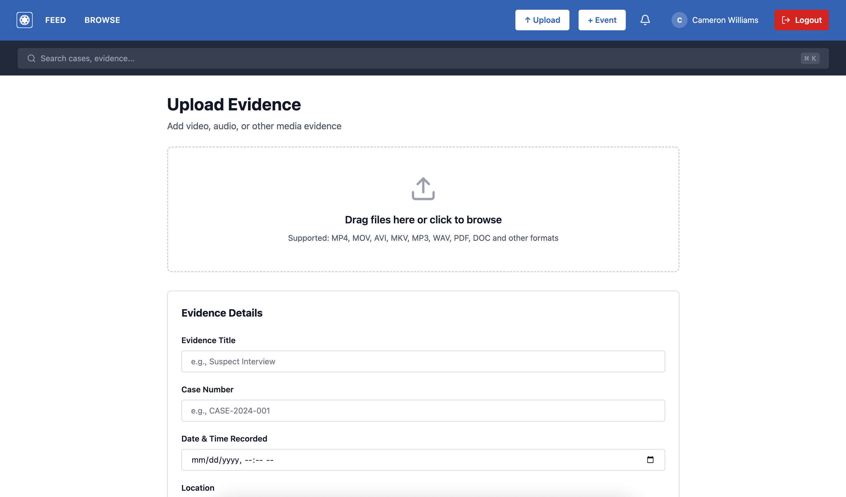 Upload Evidence interface